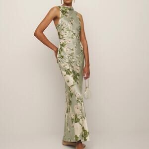 Reformation Anaiis Silk Maxi Dress 6 NEW Tarragon Floral Open Back High Neck NWT